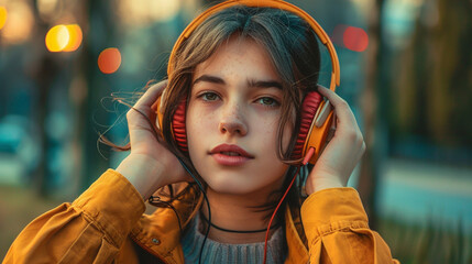 Wall Mural - A woman wearing headphones and a yellow jacket