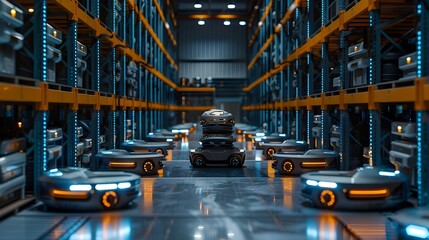 Poster - Automated Warehouse Robots Efficiently Organizing and Retrieving Inventory in a Futuristic Logistics Facility