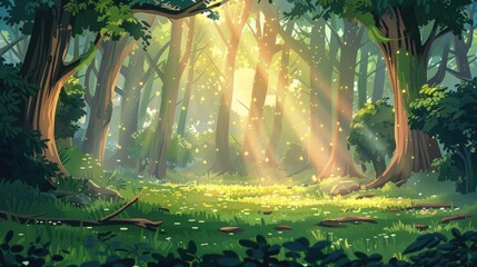 Sticker - illustration of a forest with sunlight falling through the trees in cartoon style