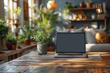 Poster - Laptop on Wooden Table in Sunny Home Office With Plants