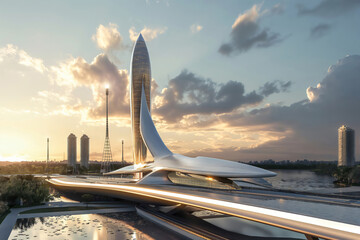 Wall Mural - Futuristic spaceport with a rocket launching in an urban landscape at sunset, featuring modern architecture and advanced technology