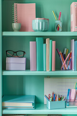 Wall Mural - a solid light green teal shelf filled with school supplies like notebooks, pens, and pencils.