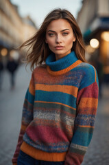 Wall Mural - Beautiful Woman in Colorful Striped Sweater Walking on a Vibrant City Street in the Morning Light