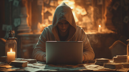 Poster - A man is sitting at a desk with a laptop and a lantern. He is wearing a hoodie and he is working on something. The scene has a mysterious and somewhat ominous atmosphere
