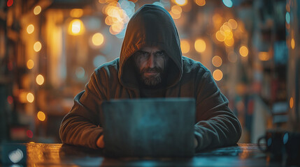 Poster - A man wearing a hoodie is sitting at a table with a laptop in front of him. He is focused on his work, possibly typing or browsing the internet. Concept of solitude and concentration