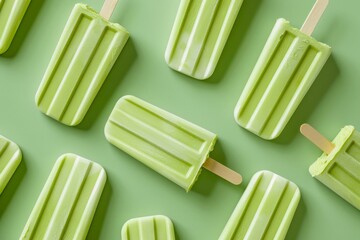 the pat is made of pistachio ice cream bars, ice lolly, popsicle on pastel green color background. t