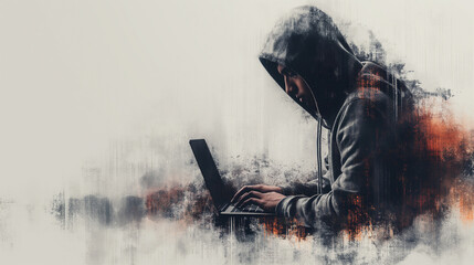 Poster - A man is typing on a laptop while wearing a hoodie. The image has a moody and mysterious feel to it, as if the man is hiding something or is involved in some secretive activity