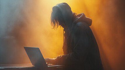 Poster - A man is sitting at a table with a laptop in front of him. He is wearing a hoodie and he is typing on the laptop. Concept of solitude and focus, as the man is alone