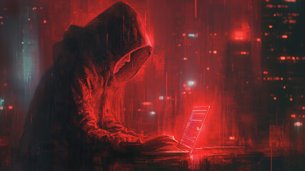 Poster - A man is sitting at a table with a laptop in front of him. The laptop screen is glowing red, and the man is wearing a hoodie. Concept of mystery and intrigue