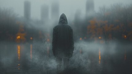 Poster - A man stands in the fog with a hood over his head. The scene is dark and mysterious, with the fog adding to the eerie atmosphere. The man is lost or searching for something