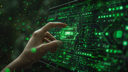 Poster - a hand is pointing to a green screen with the word 