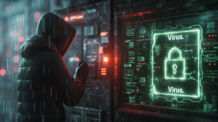 Poster - A man is looking at a computer screen with a virus symbol on it. He is wearing a hoodie and he is in a dark room. Scene is ominous and foreboding