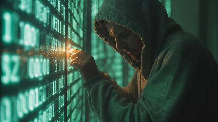 Poster - A man is looking at a computer screen with a green background. He is wearing a hoodie and he is focused on the screen. Concept of mystery and intrigue