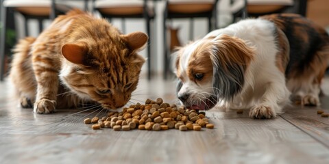 Canvas Print - a dog and a cat eating food out of a bowl