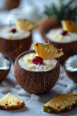 Wall Mural - Coconut Pineapple Smoothie: A frothy pineapple coconut smoothie served in a coconut shell, garnished with a pineapple slice and a cherry.