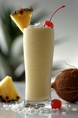 Wall Mural - Coconut Pineapple Smoothie: A frothy pineapple coconut smoothie served in a tall glass, garnished with a pineapple slice and a cherry.