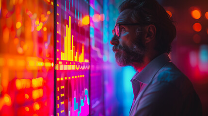Poster - A man is looking at a computer screen with colorful graphs. The man is wearing glasses and he is focused on the data displayed on the screen. The colorful graphs suggest that the data is complex
