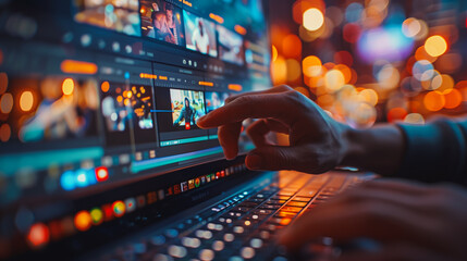 Poster - A person is using a laptop with a screen displaying a video editing software. The person is pointing at the screen, possibly selecting a video clip or adjusting the settings