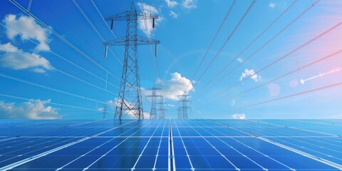 High towers of High-voltage pylons with electric power lines, and solar photovoltaic cells at sunrise. Production of sustainable energy concept.