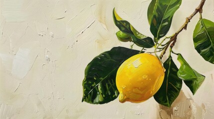 Wall Mural - Lemon on a branch with leaves. Oil painting on canvas