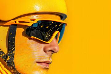 Close-up of cyclist with yellow helmet and sunglasses splattered with paint