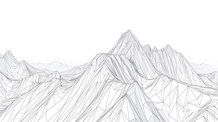 Abstract mountain landscape. Polygonal sketch. Outline background. Mountain range isolated on a white background. Line art. Black on white graphic. Low poly wireframe linear vector illustration.