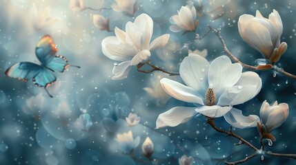 Wall Mural - Magnolia flowers in delicate cream tones in the dew and blue butterfly.