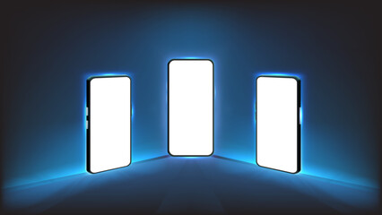 Poster - Glowing Blue Light Smartphone Mockup in Front, Perspective  Side Views. Editable Screen, Vector Template.