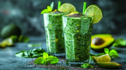 Wall Mural - Green Detox Smoothie: A tall glass of green smoothie with spinach, kale, and avocado, garnished with a slice of lime and chia seeds.
