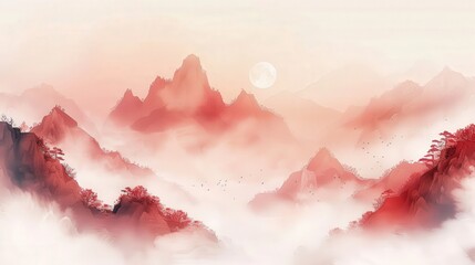 Canvas Print - a painting of a mountain range with birds flying in the sky