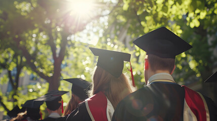 A rear view of university graduates wearing graduation caps and gowns, gathered outdoors. The bright sunlight filters through the trees, creating a celebratory and joyous atmosphere