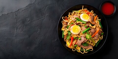 Wall Mural - Traditional Filipino Dish Pancit Canton with Egg Noodles, Pork, and Veggies. Concept Filipino Cuisine, Pancit Canton, Egg Noodles, Pork, Veggies, Traditional Dish