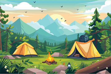 nature camp landscape with tents, campfire, backpack, and lantern cartoon illustration. camping conc