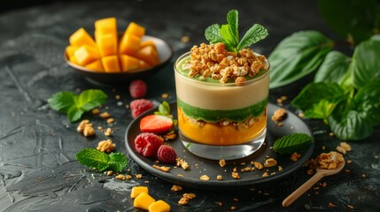Poster - Layered Smoothie: A healthy fresh layered smoothie in a glass, with layers of berry, mango, topped with granola and fresh fruit. Vitamins, fitness drink, health food.