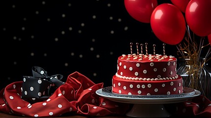 A red birthday party streamer and a silver party cap with polka dots isolated on a solid black background