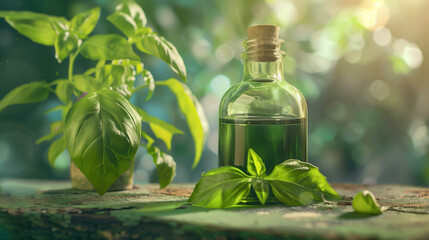 Wall Mural - Basil Leaf Extract in Vibrant Green Glass Bottle with Fresh Basil Leaves in Sunlit Garden