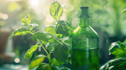 Wall Mural - Fresh Basil Extract in Vibrant Green Bottle with Basil Leaves in Lush Summer Garden