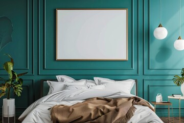 Wall Mural - Mockup poster frame in luxury bedroom interior, 3d render, Teal background