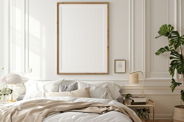 Wall Mural - Mockup poster frame in luxury bedroom interior, 3d render, White background