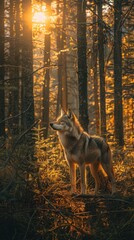 Canvas Print - a wolf standing in the woods at sunset