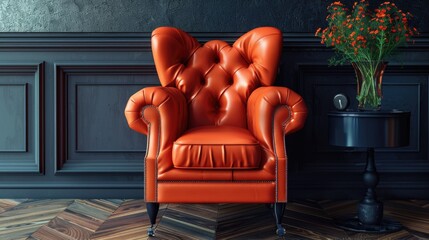 Wall Mural - Modern orange leather armchair in living room interior. Stylish sofa in living room