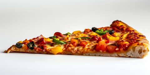 Close-up of a delicious vegetable pizza slice on white background