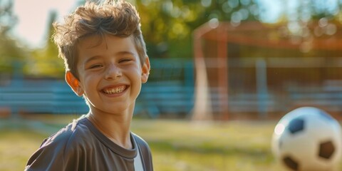 Wall Mural - On a bright summer day, a little boy practices sports. Kids having a good time playing soccer in the schoolyard. A youthful coach works with young football players during a training session.