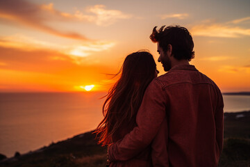 Couple hugging and looking at sunset in field concept passion and love generative Ai