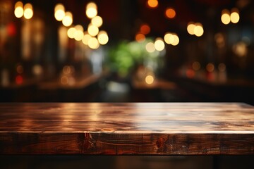 Selective focus of dark brown wooden countertop luxury kitchen bokeh background