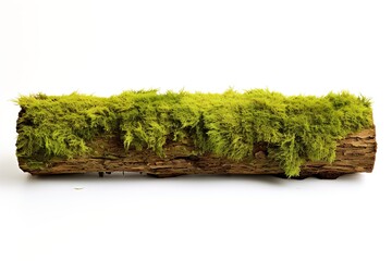 mossy log with green moss growing on it isolated on white background