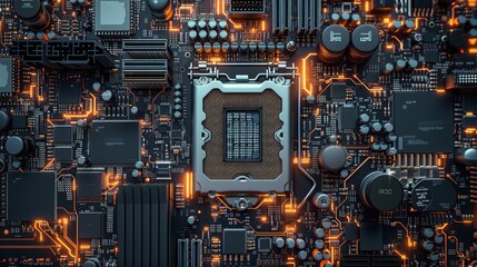 Poster - Computer Motherboard with Glowing Circuits