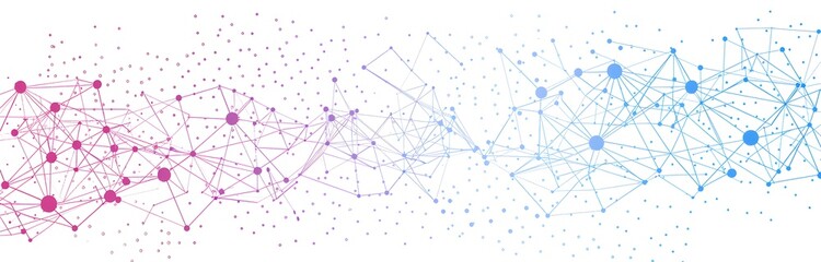 Poster - white background, blue and purple dots connected by lines forming an abstract representation of artificial intelligence. The vector illustration has a white background, white space on the left side, a