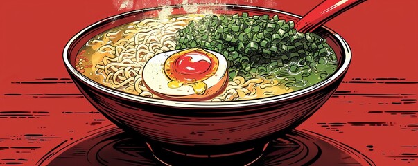 Wall Mural - A bowl of steaming ramen noodles, filled with savory broth, tender noodles, and a variety of toppings.