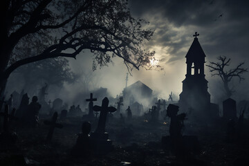Wall Mural - AI generated image of a mysterious dark cemetery at halloween night zombie rising from grave